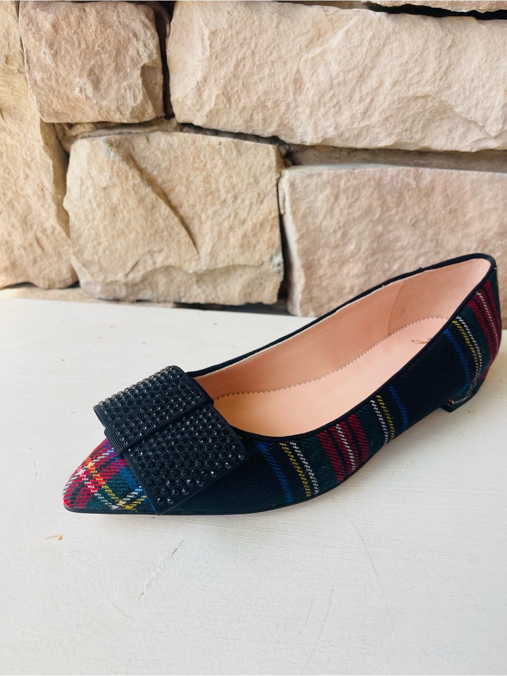 J. Crew Tartan Plaid Pointed Toe Crystal Bow Flats